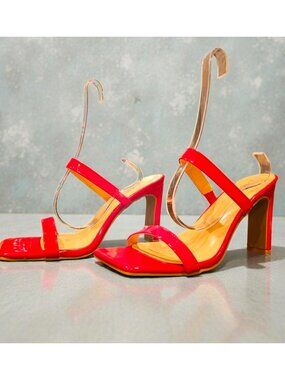 Bright Red Patent Leather High Heel Strappy Sandals With Square Toe